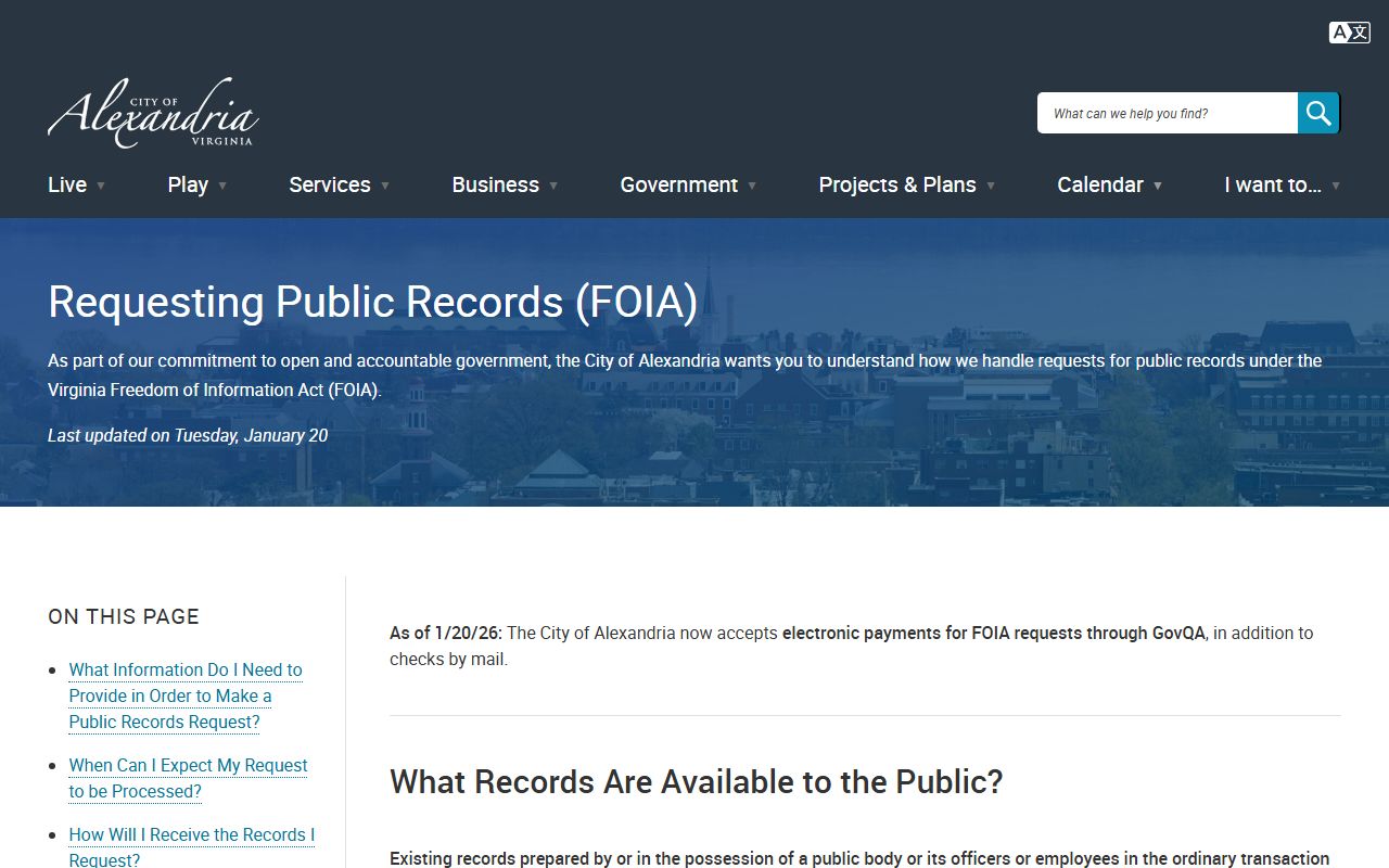 Alexandria FOIA public records request page - death records not available via FOIA
