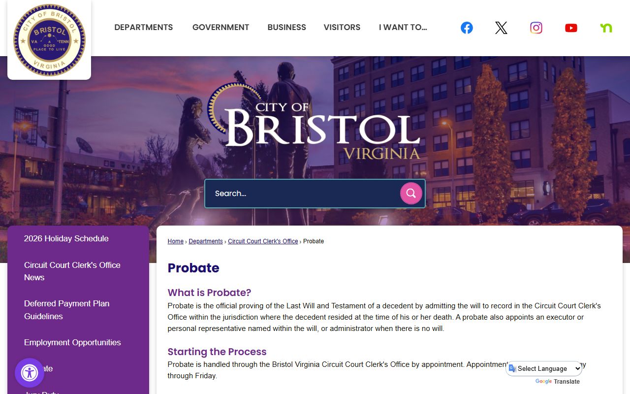 Bristol Circuit Court probate information for death-related estate records