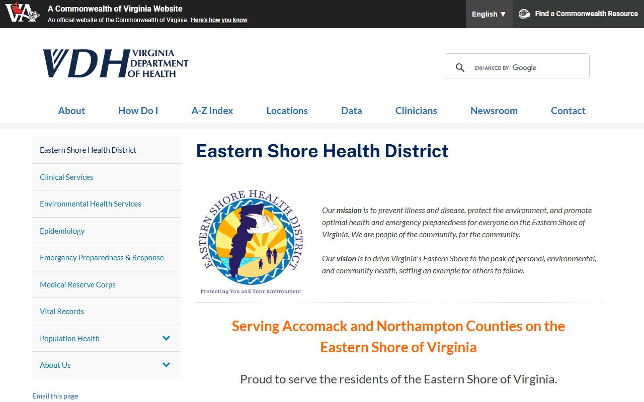 VDH Eastern Shore health district office serving Accomack County death index records