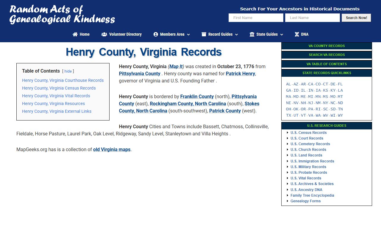 Henry County genealogy database death index Virginia records