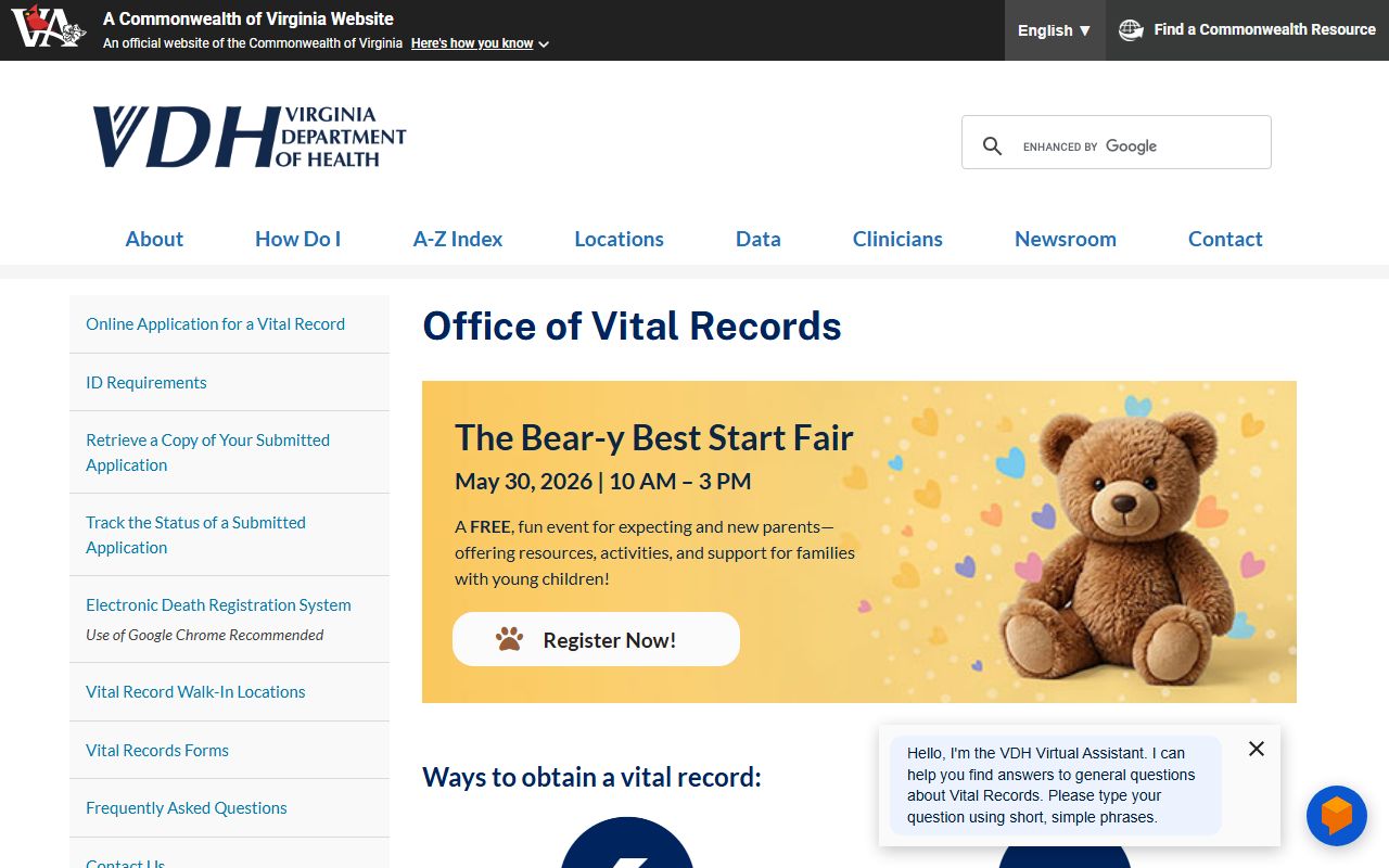 Highland County state vital records portal death index Virginia