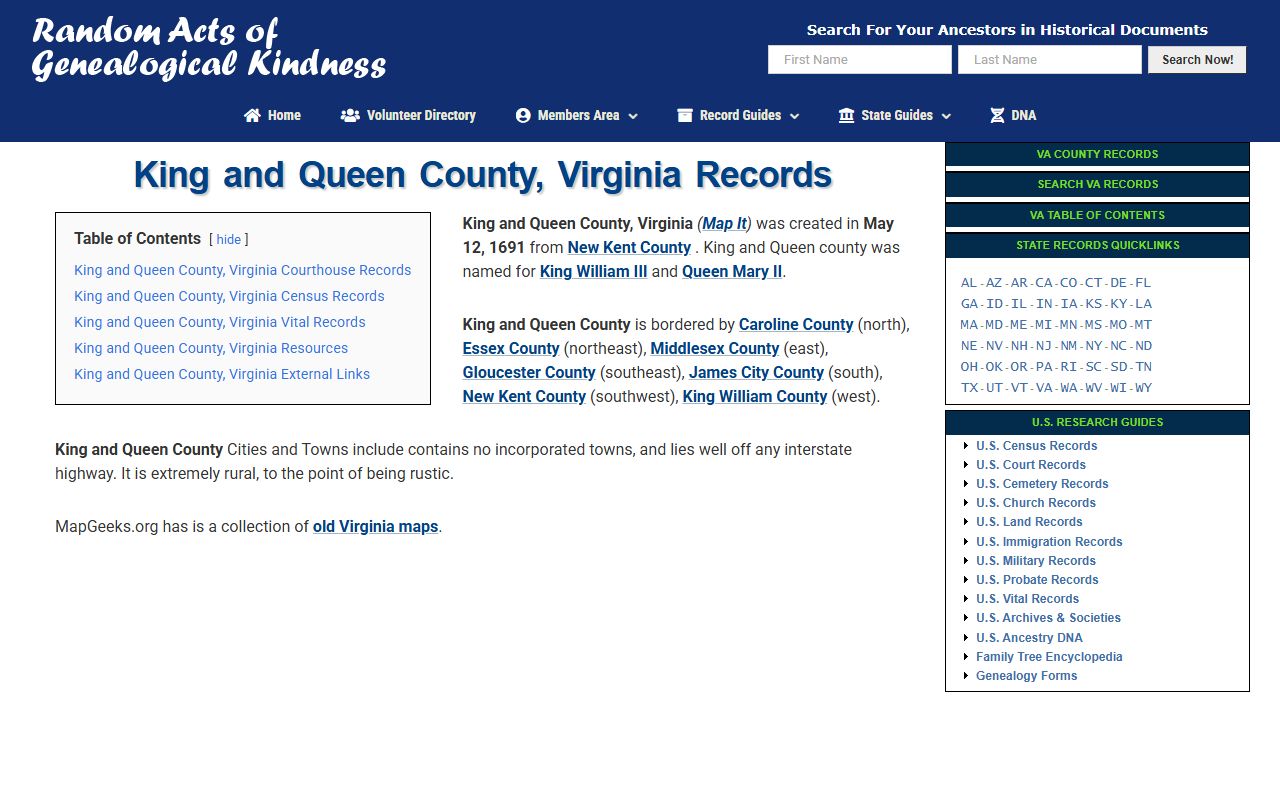 King and Queen County Virginia Genealogical Society death index