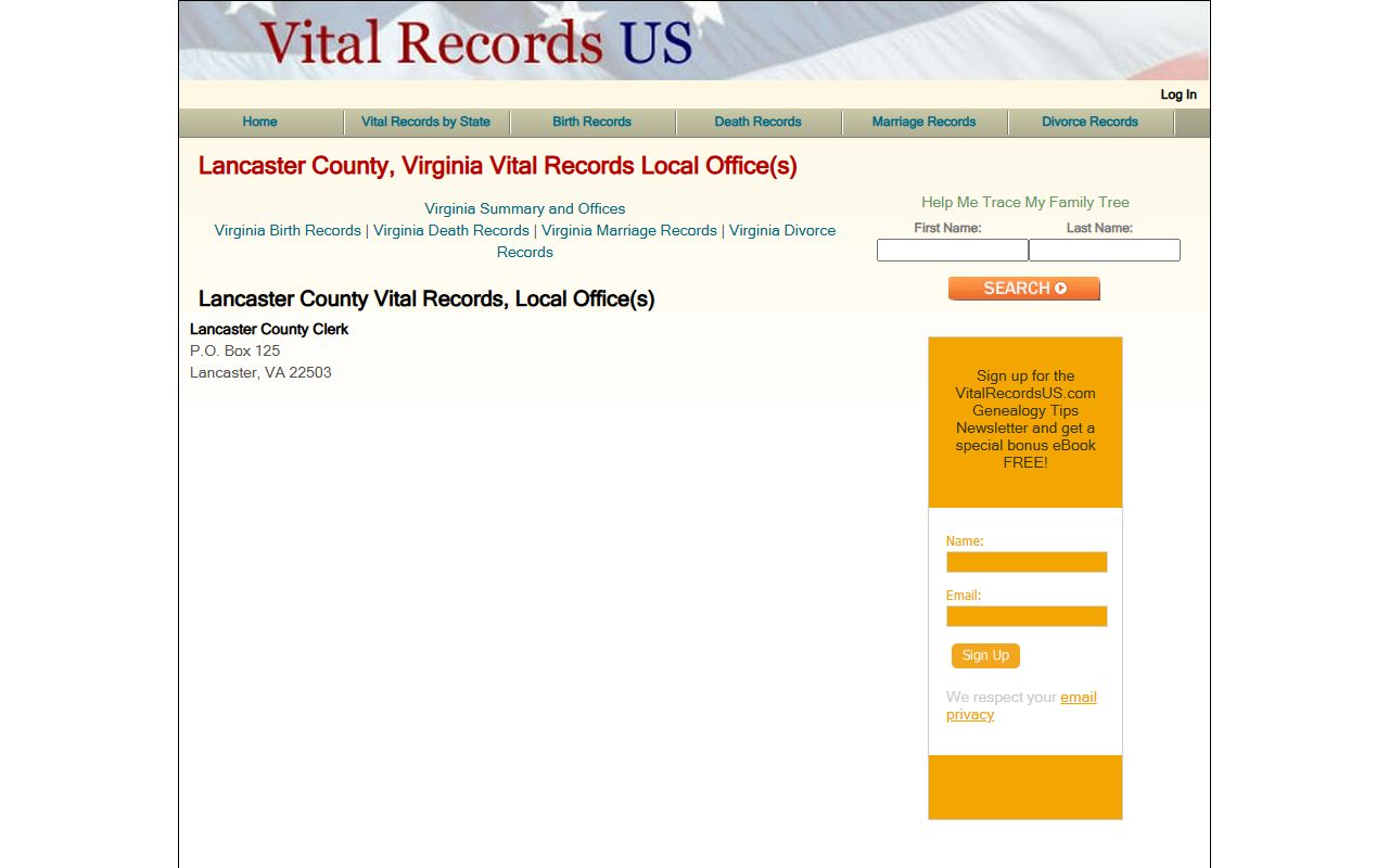Lancaster County vital records directory Virginia death index