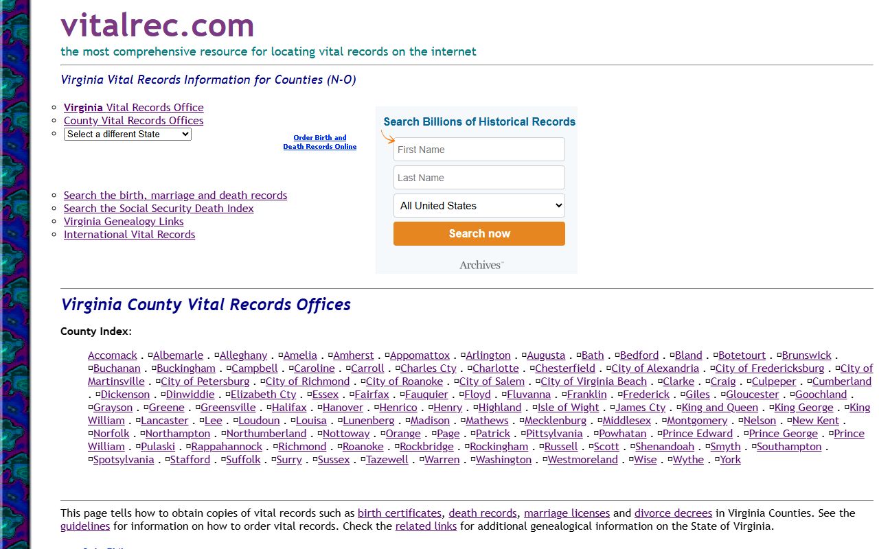 New Kent County vital records directory for death index research