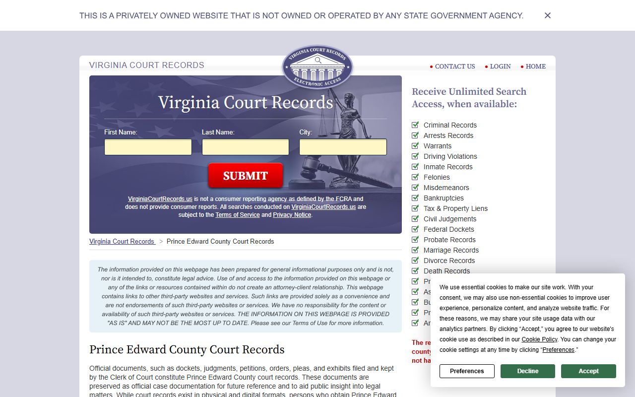Prince Edward County Virginia court records information death index