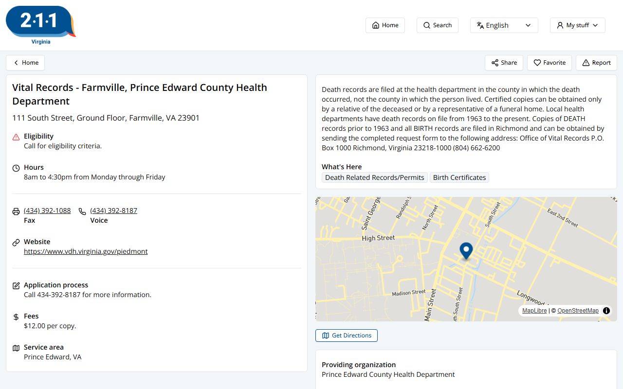 Prince Edward County Virginia health department local resources death index