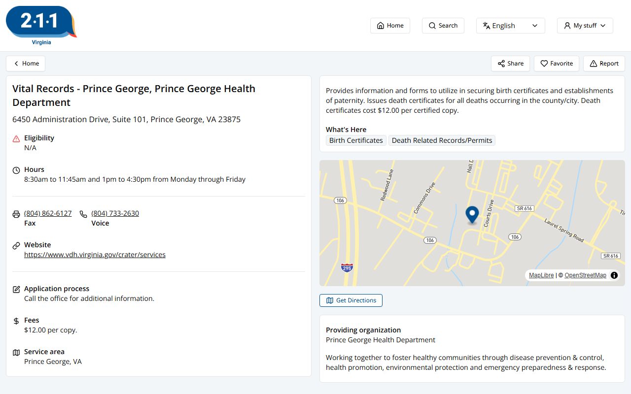Prince George County Virginia health department resources death index