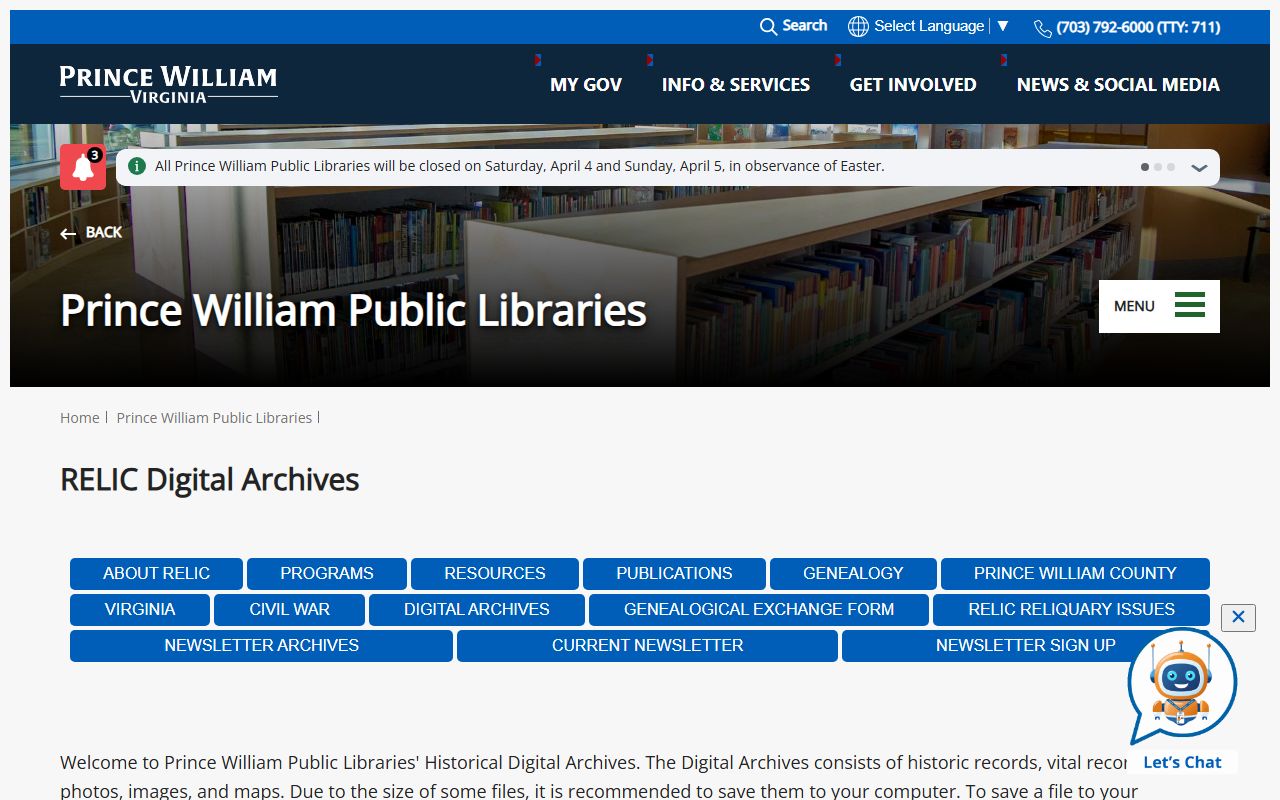 RELIC digital archives Prince William County death index records