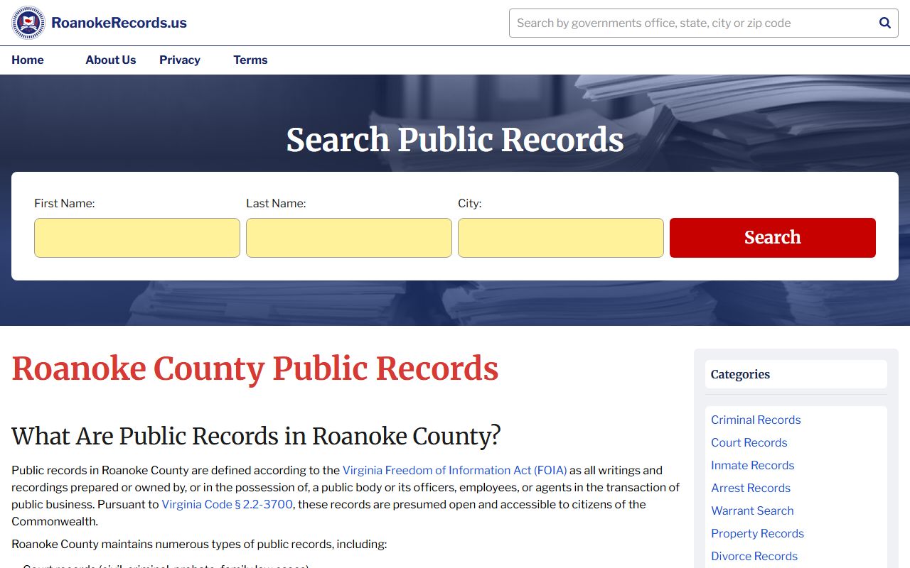 Roanoke County Virginia official county government portal death index