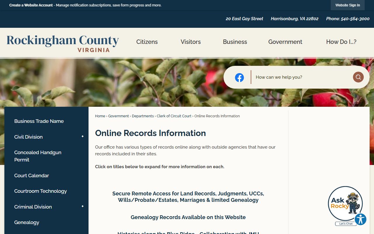 Rockingham County Virginia official county government portal death index