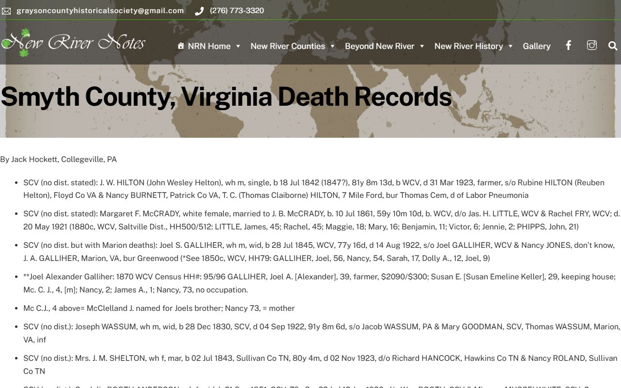 New River Notes historical Smyth County death records database