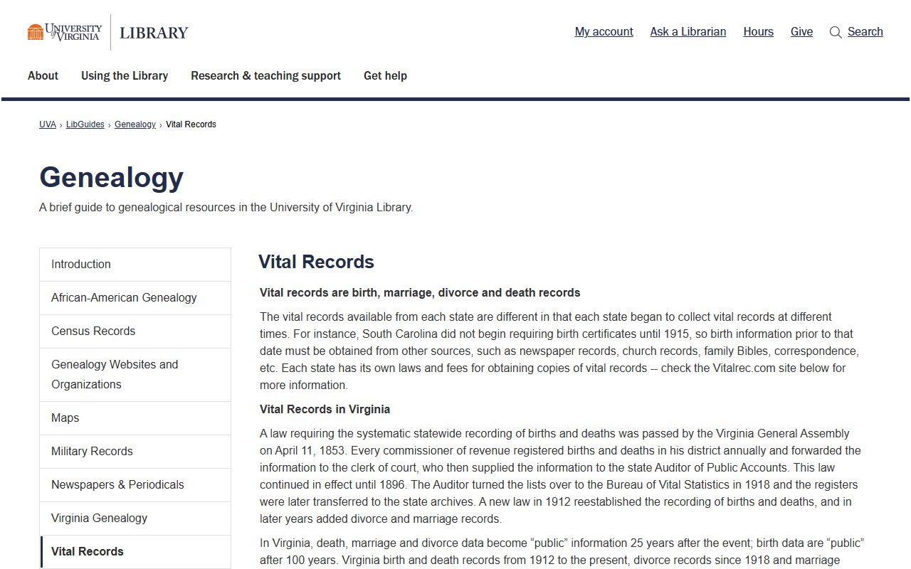 University of Virginia Library research guide for Virginia death records and death index