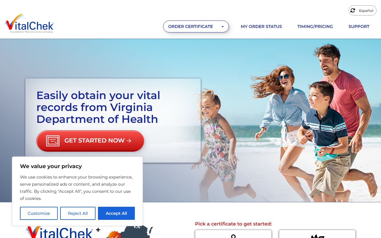 VitalChek authorized online ordering for Virginia Death Index certificates