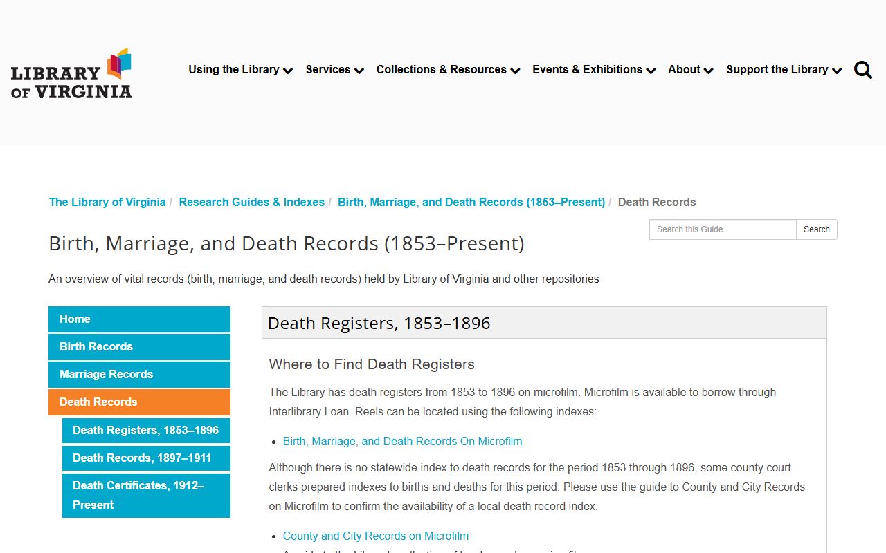 Library of Virginia death records research guide for Virginia Death Index