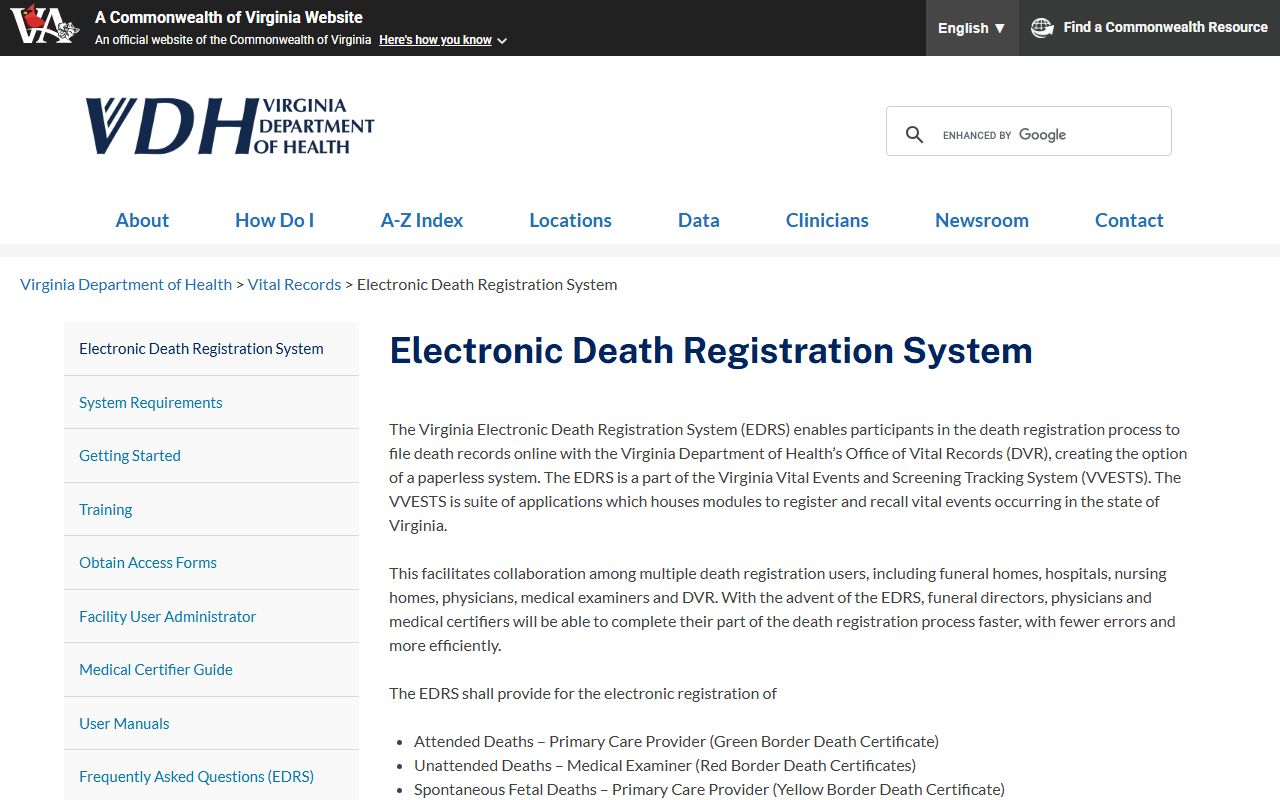 Virginia Electronic Death Registration System EDRS portal