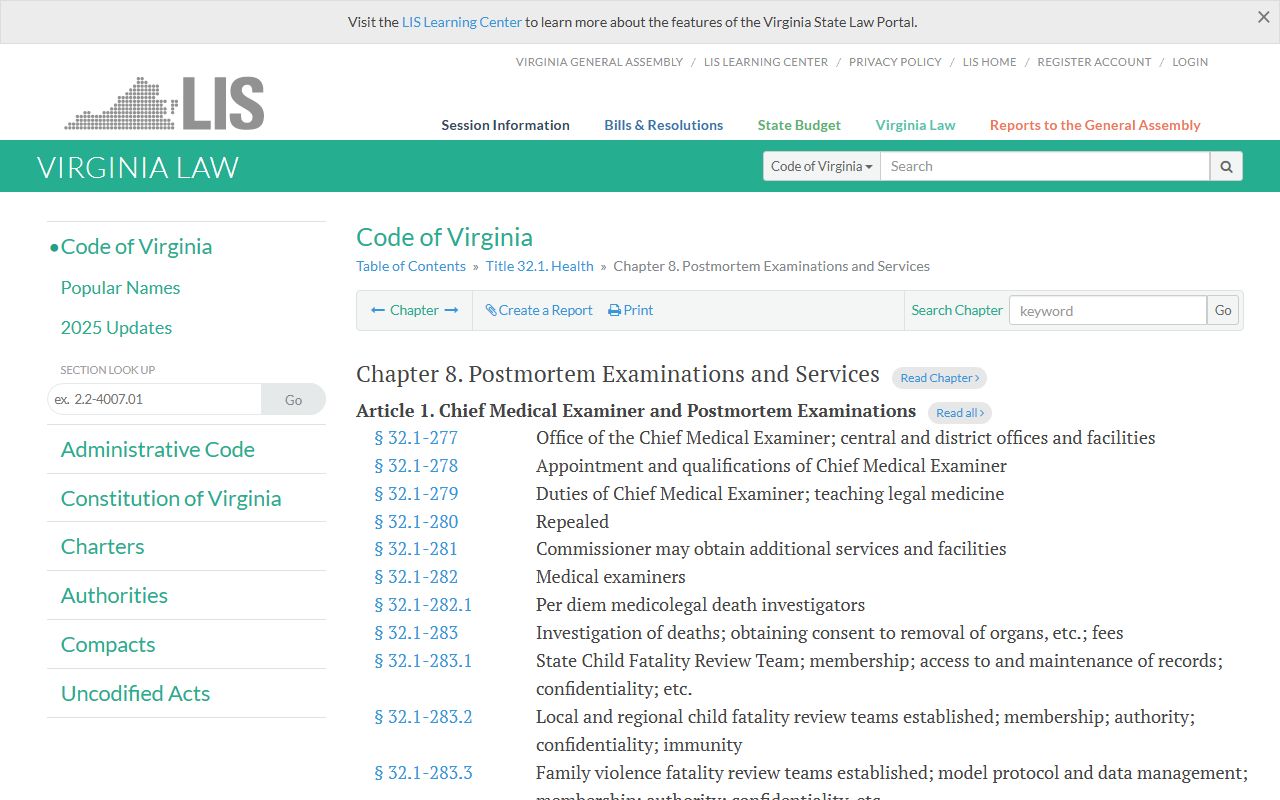 Virginia Medical Examiner statute Title 32.1 Chapter 8 death investigation