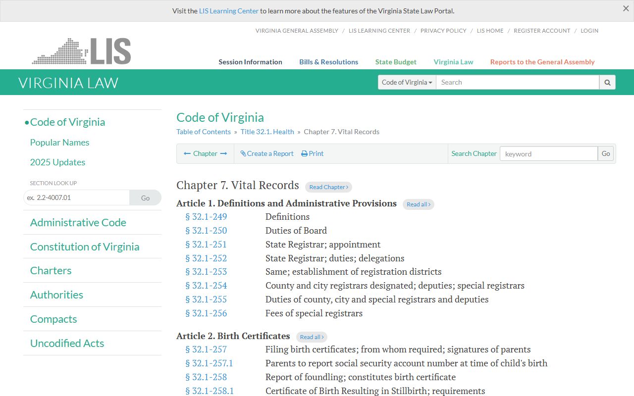 Virginia Code Title 32.1 Chapter 7 vital records statutes governing death index